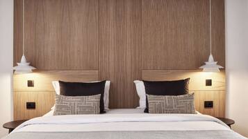 A modern bedroom with a wooden headboard, two bedside lamps, patterned pillows, and a neutral color scheme.