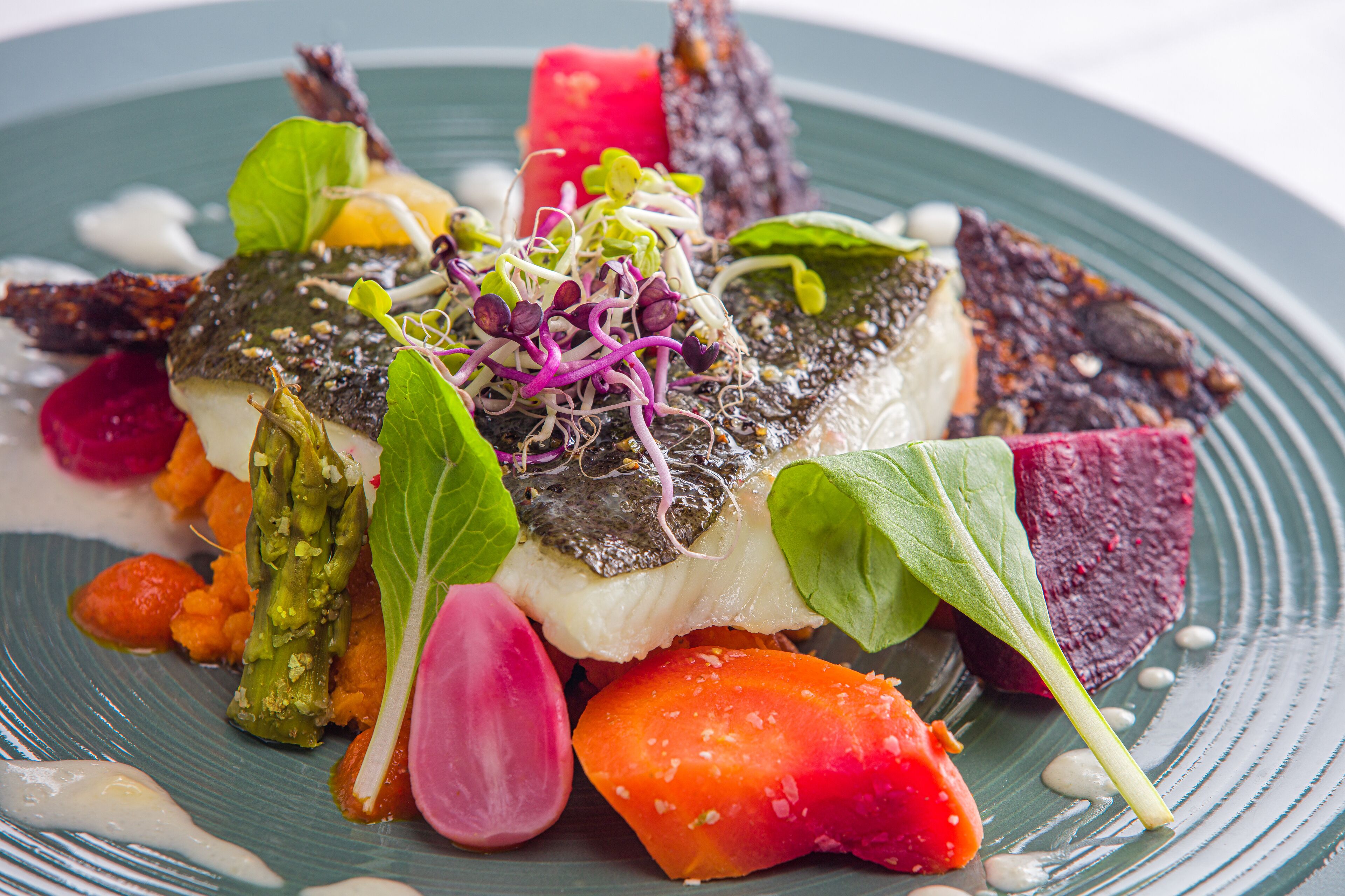 A plate of food with various vegetables and fish.