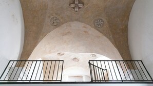 An arched ceiling with decorative floral patterns and a central flower motif. - Palazzo Maritati (Nardò)