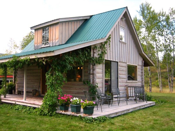 Une cabane en rondins avec un toit en métal vert, une véranda dotée de meubles d’extérieur et des plantes en pot.