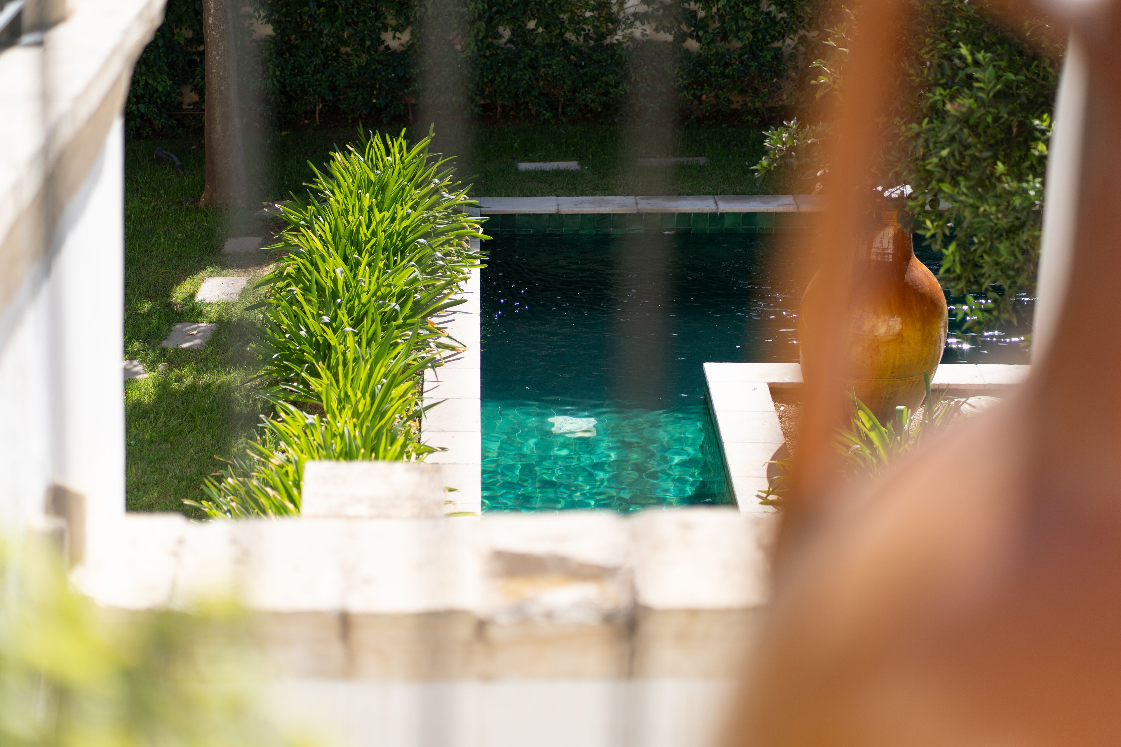 On peut clairement voir une piscine avec une terrasse carrelée, entourée de verdure et agrémentée d’un vase décoratif.