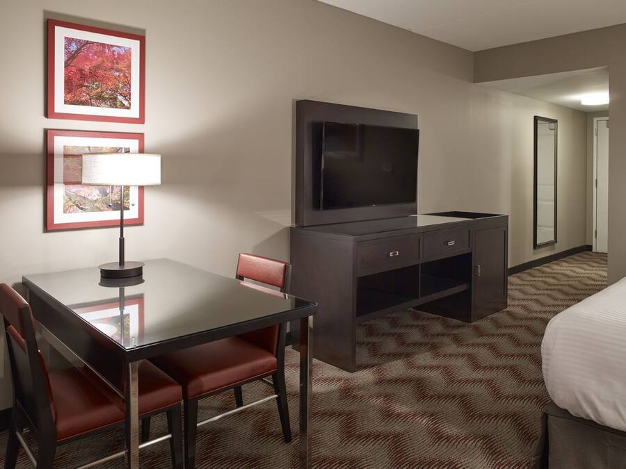 Habitación de hotel con cama, televisor, escritorio y silla, y piso alfombrado.