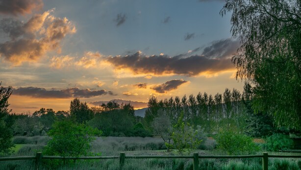 A natural landscape with a wooden fence, trees, and a sunset. - La Bastide Guesthouse (Hartbeespoort)