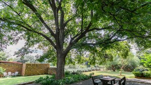 A tree-lined outdoor area with a picnic table and chairs. - La Bastide Guesthouse (Hartbeespoort)
