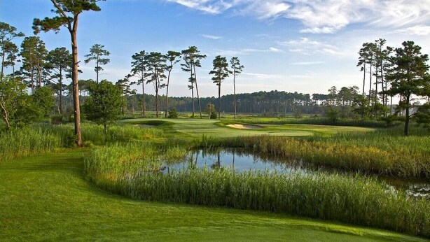A golf course with a pond, trees, and a clear sky.