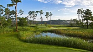 Ein Golfplatz mit Teich, Bäumen und blauem Himmel.