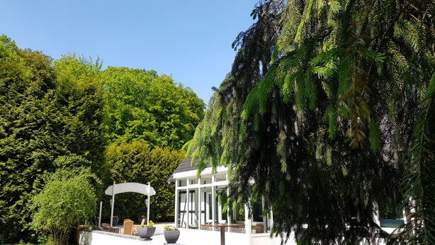 Un bâtiment moderne à la façade vitrée, entouré d’une végétation luxuriante et agrémenté d’une pergola avec des sièges extérieurs.