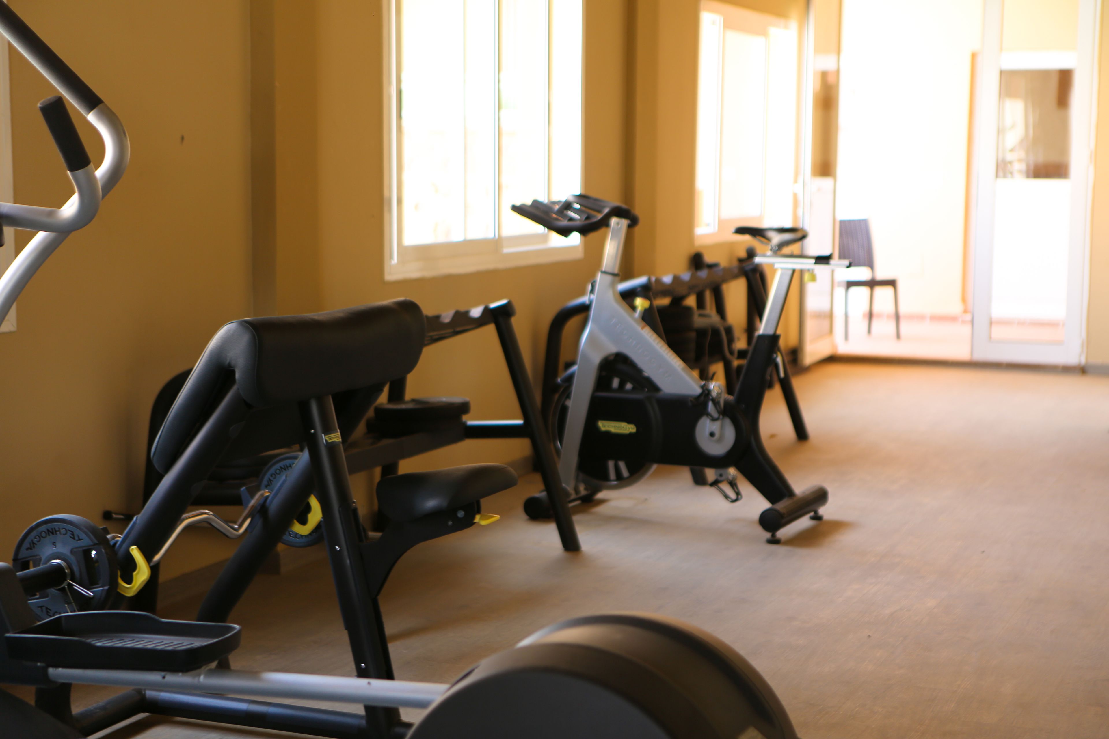 Varias bicicletas estáticas en un gimnasio con ventanas amplias y vistas al exterior.