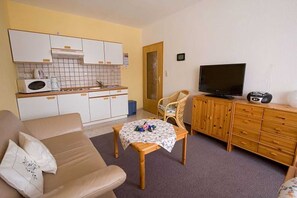 A compact living space with a kitchenette, a television, a sofa, and a dining table. - Apartment 4 - Panorama of the house (Sankt Andreasberg)
