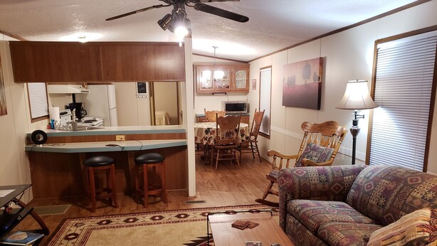 Una sala de estar con sofá, mesa de centro, alfombra estampada, comedor con sillas y mesa, y cocina con mostrador y taburetes.