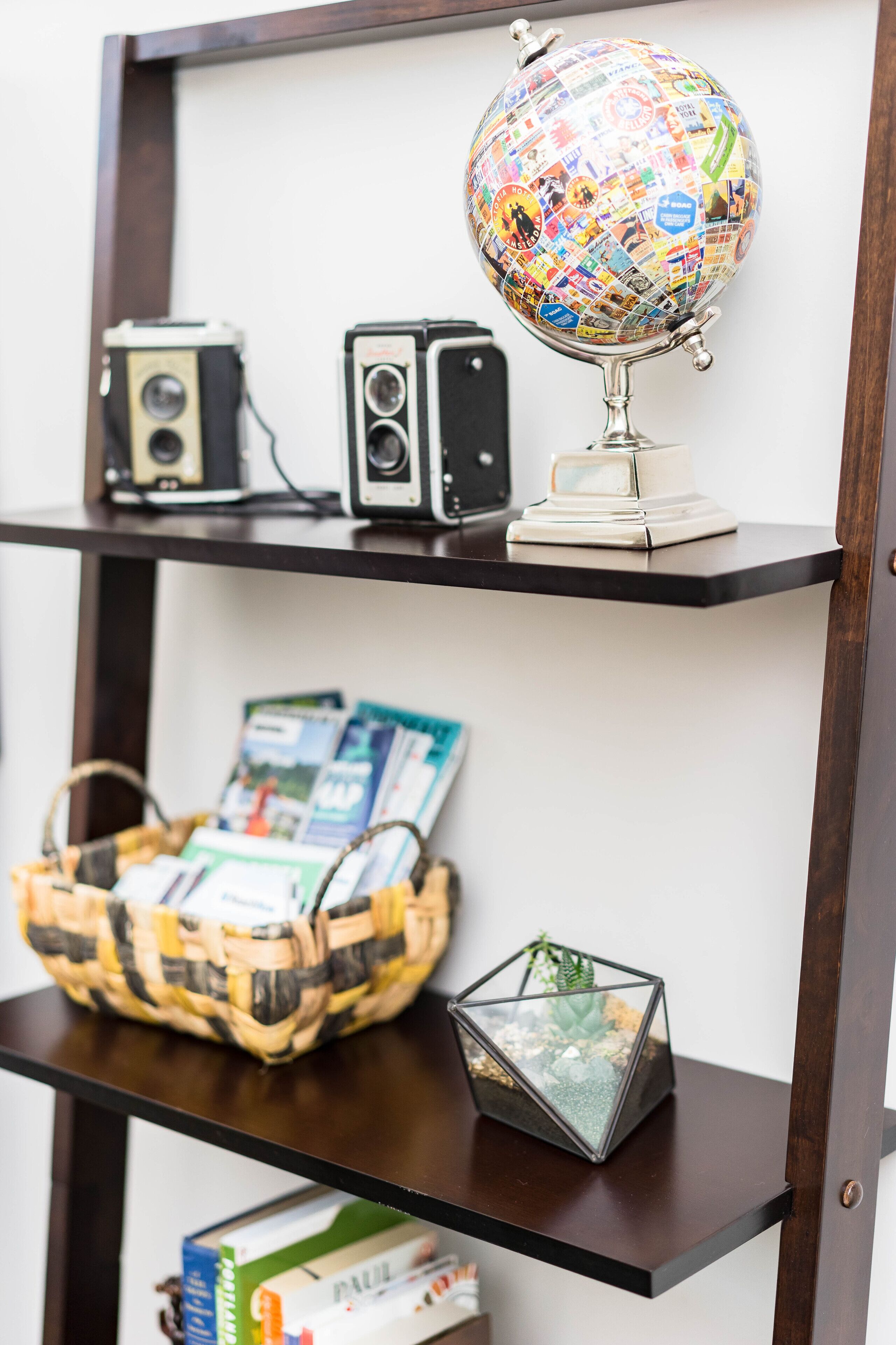 A shelf with a globe, two cameras, a basket of magazines, and a small plant.