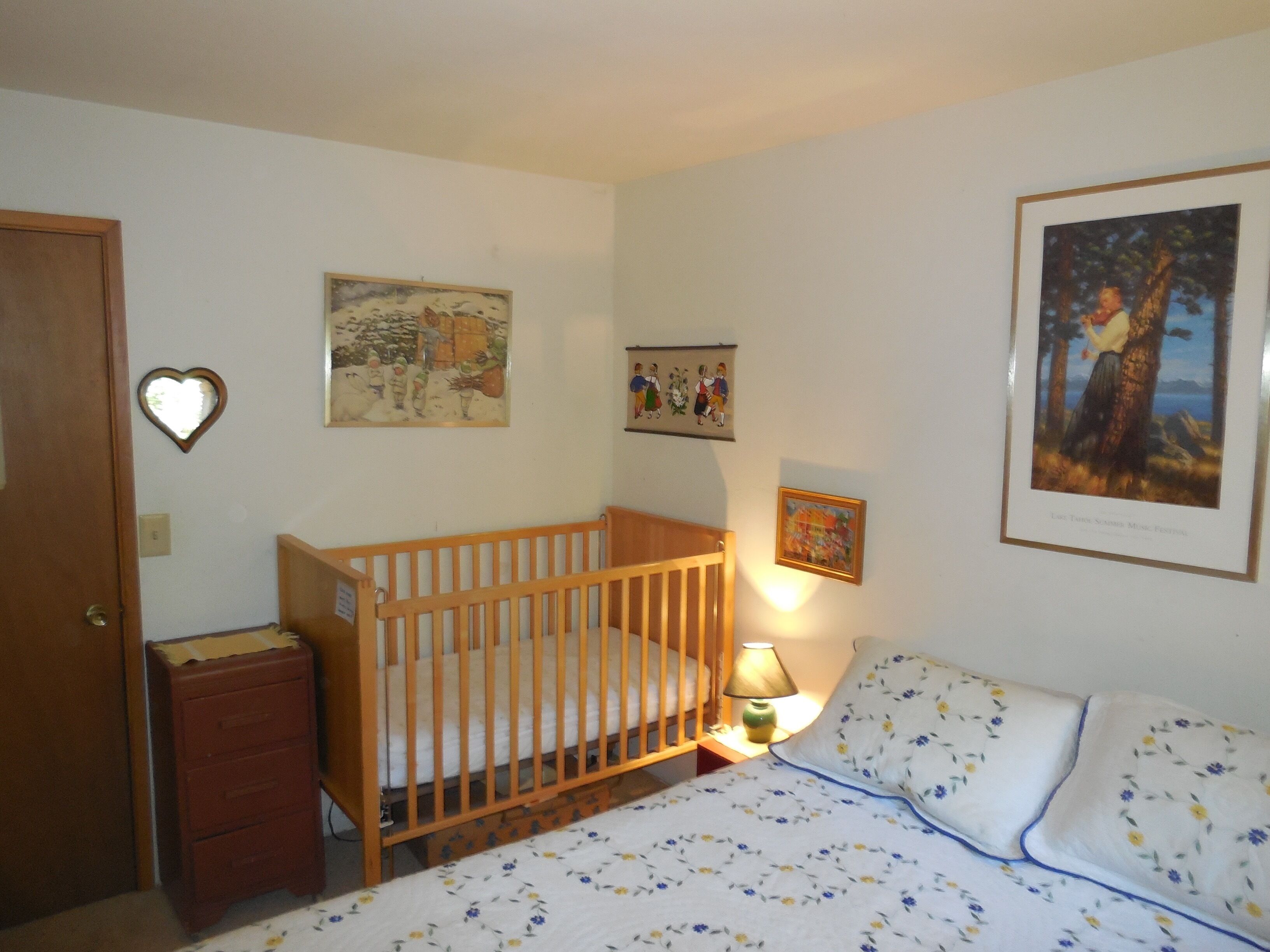 The front (Swedish) bedroom has a crib. Bedding is in a box under the bed. 
