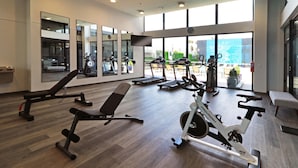 A modern gym with various exercise equipment, large windows, and a view of the outdoors. - Holiday Inn Express & Suites Ensenada Centro by IHG (Ensenada)