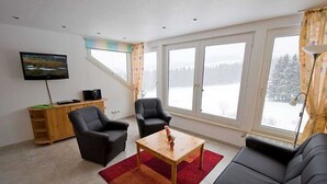 En stue med sofa, to lænestole, et sofabord, fjernsyn og et vindue med udsigt over et sneklædt landskab.