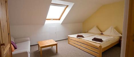 Un petit appartement d’une seule pièce, avec un plafond en pente, un puits de lumière, un lit, une chaise et une petite table.