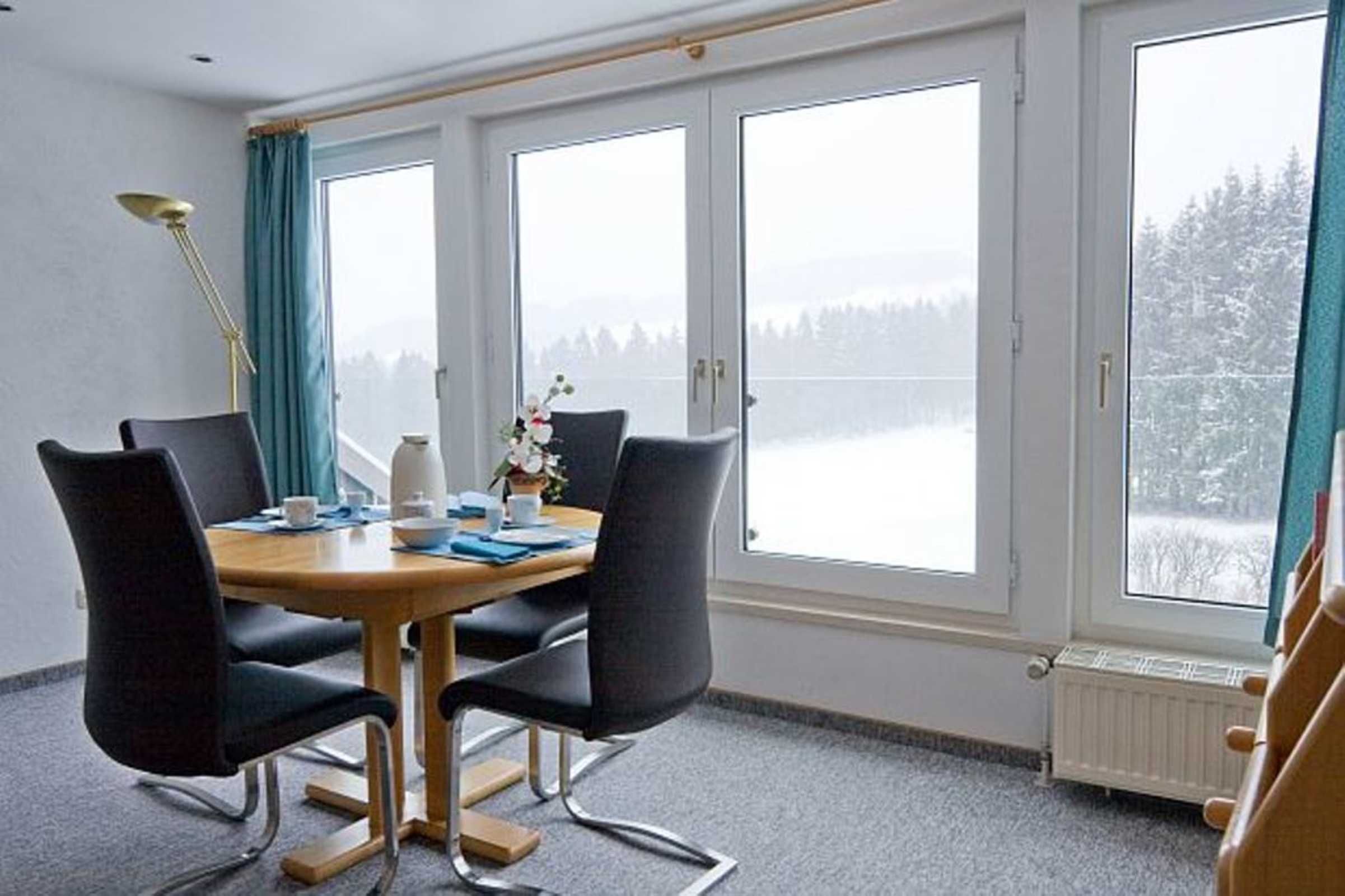 A room with a table and four chairs, large windows with a view of a snowy landscape, a radiator, and a lamp.