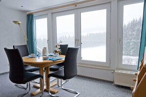 Ein Zimmer mit einem Tisch, vier Stühlen, großen Fenstern mit Blick auf eine verschneite Landschaft, einem Heizkörper und einer Lampe.