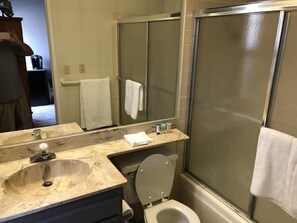 Baignoire, serviettes fournies, savon, shampoing