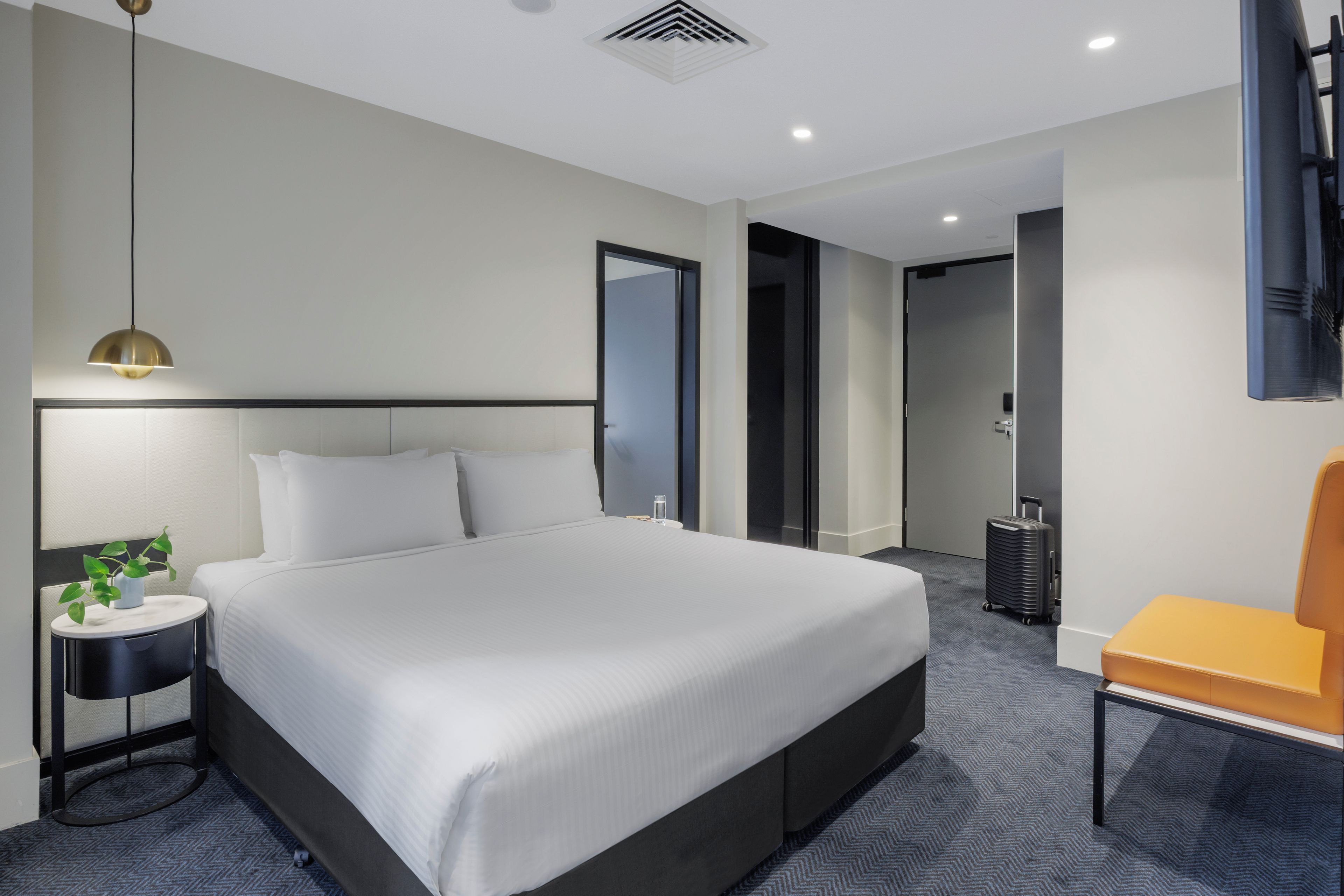 A hotel room with a large bed, a bedside table with a lamp, a plant, and a chair.