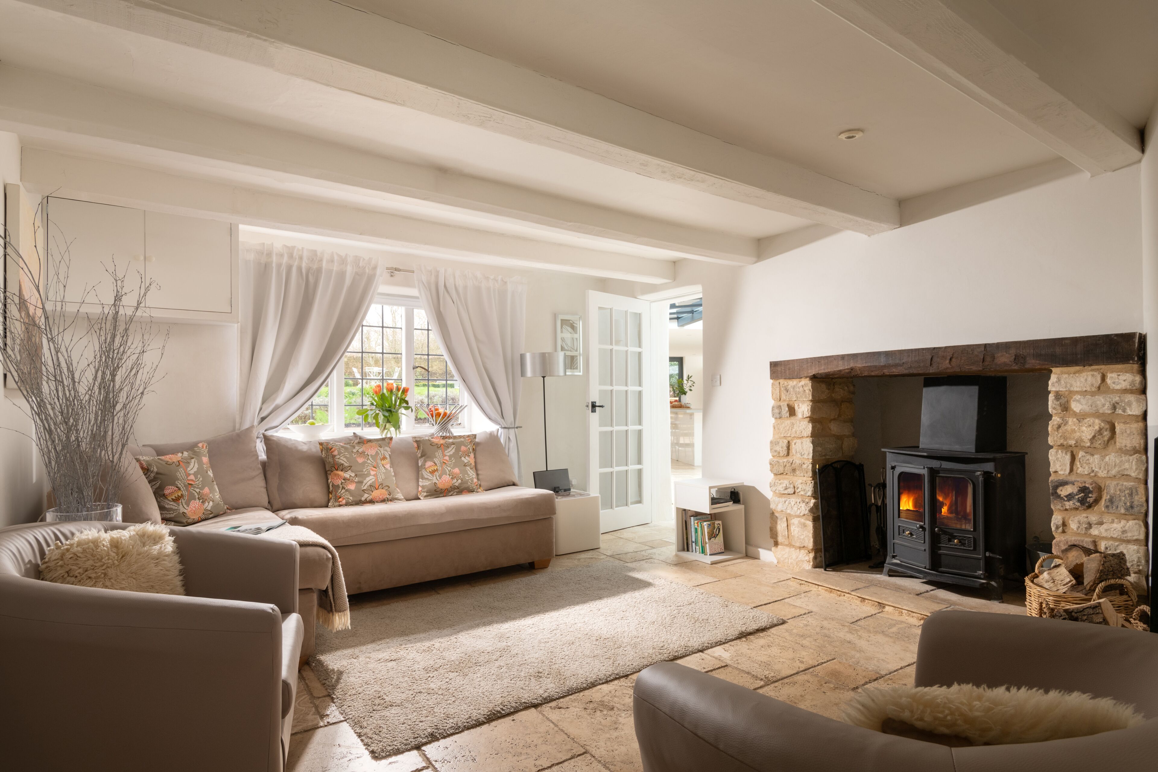 TV connectée, cheminée, livres