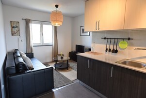 Apartment, 2 Bedrooms (Green) | Private kitchen | Full-size fridge, microwave, oven, stovetop