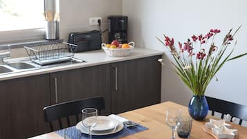 Apartment, 2 Bedrooms (Blue) | Private kitchen | Full-sized fridge, microwave, oven, stovetop