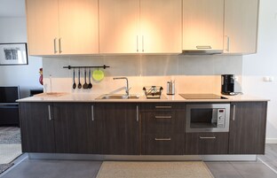 Apartamento, 2 quartos (Green) | Cozinha privada | Geladeira grande, micro-ondas, fogão, cooktop