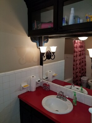 Bañera con ducha, bañera de hidromasaje, secador de pelo, toallas