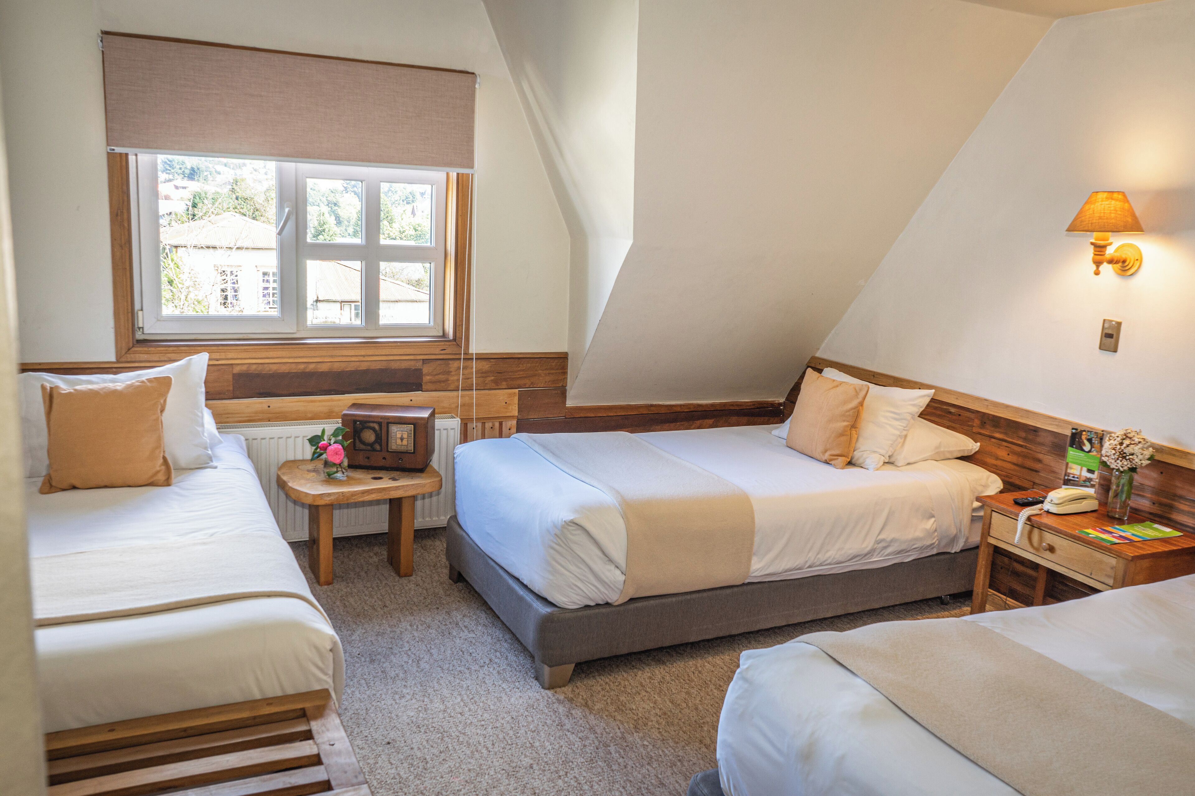 A bedroom with two beds, a window with a view, a bedside table with a lamp, and a small table with a radio.