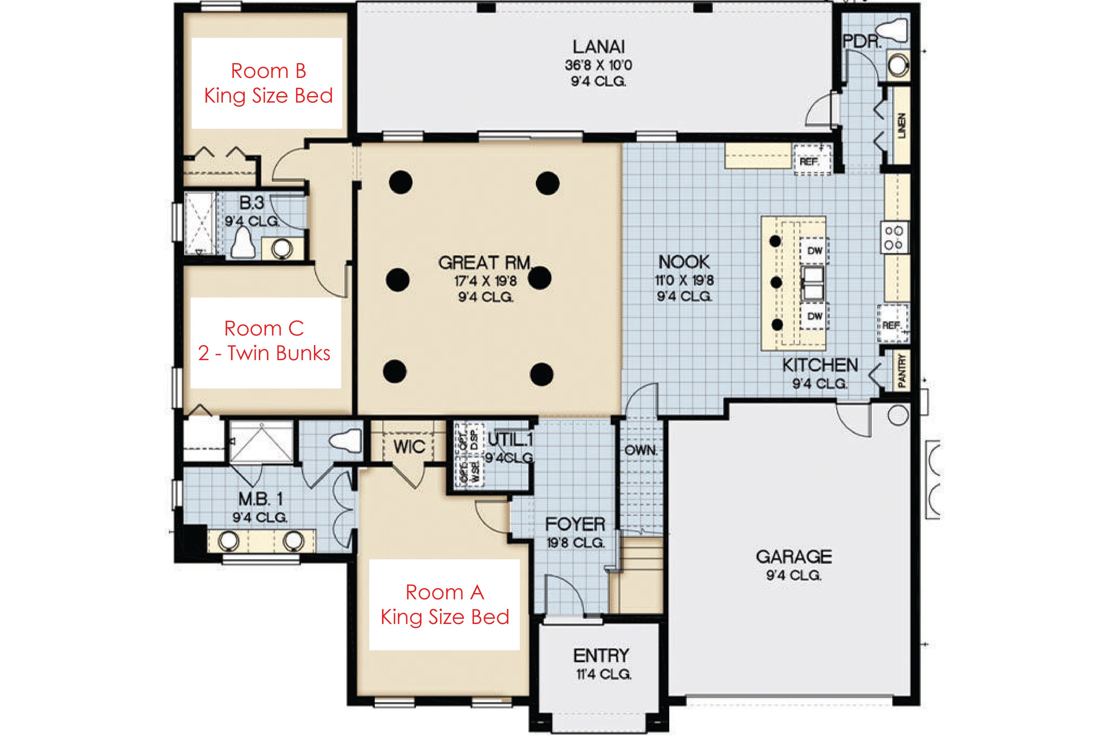 Planta baixa de um hotel mostrando um quarto (Sala A) com cama king-size, um quarto (Sala C) com beliche, uma sala de estar com varanda, cozinha, área de jantar, sala de estar, hall de entrada, banheiro e garagem.
