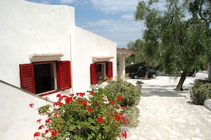 A white building with red shutters, a stone pathway, and red flowers in the foreground.
