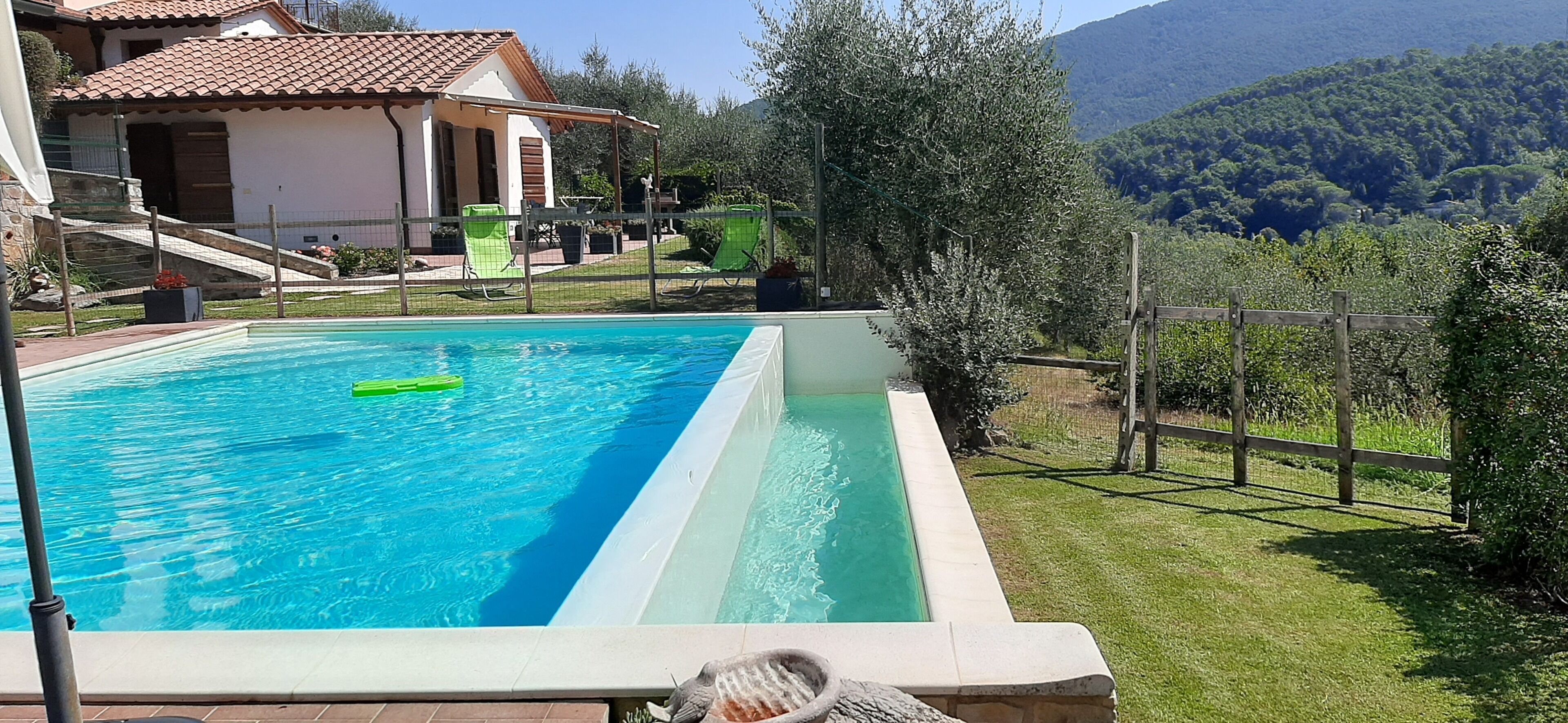 Une piscine rectangulaire à l’eau d’un bleu limpide, entourée d’une clôture en bois et d’une zone herbeuse.