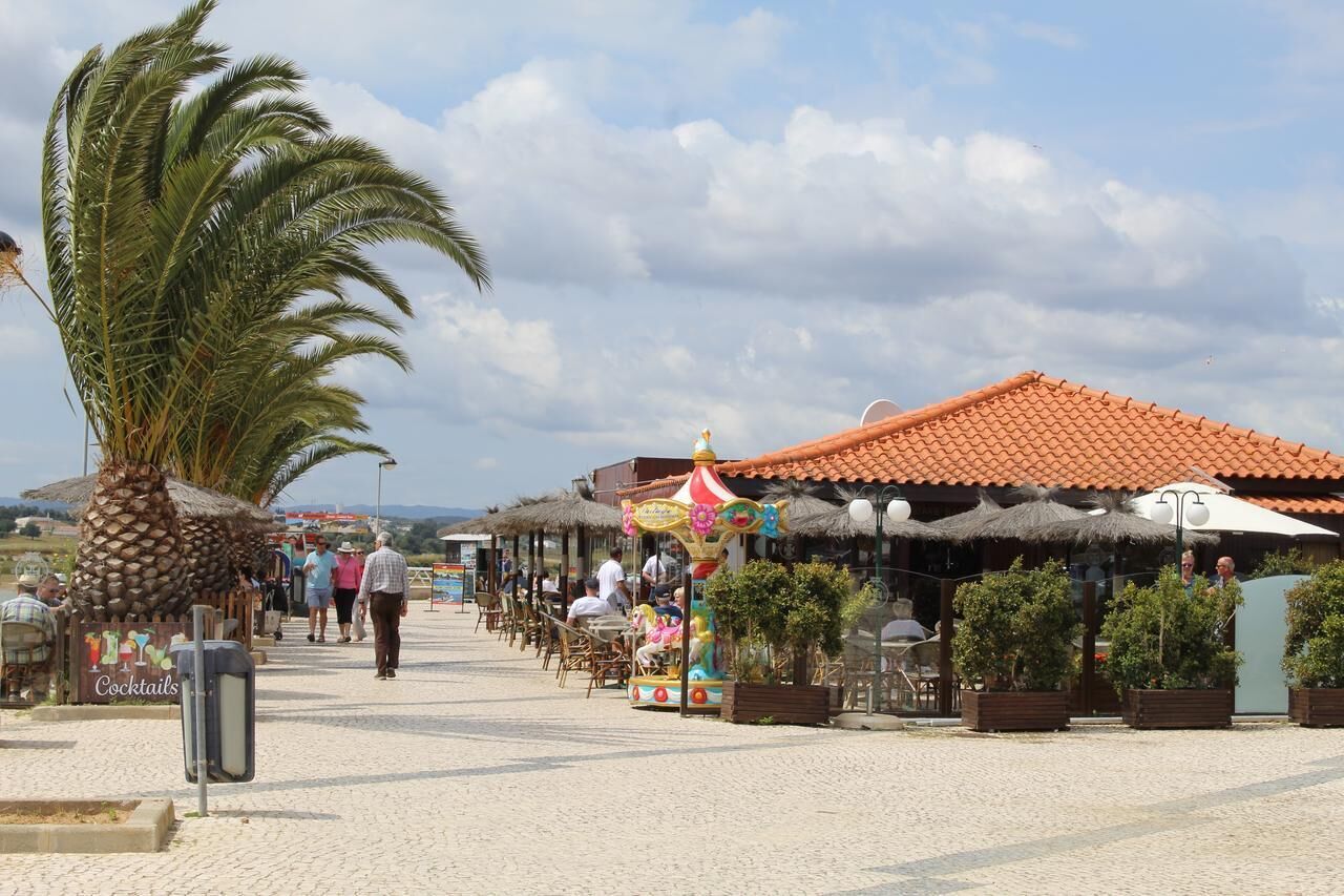 A beachside market with stalls, palm trees, and a carousel.
