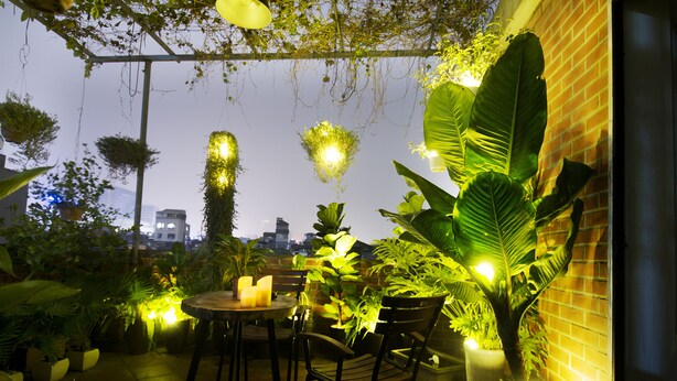 An outdoor patio with a table and chairs, surrounded by potted plants and hanging plants, with a cityscape in the background. - Chez Tram Homestay (Hanoi)