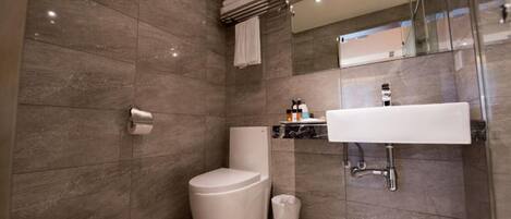 A modern bathroom with a toilet, sink, and mirror.