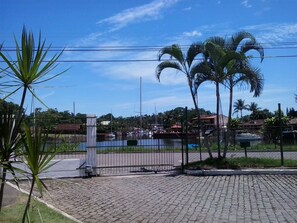 A paved area with a metal gate, palm trees, and a body of water with boats in the background.