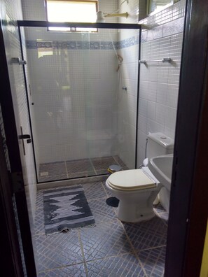 A small, enclosed shower area with a glass door, a toilet, and a bathtub.
