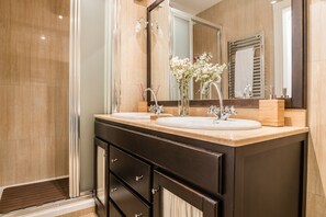 Shower, hair dryer, towels