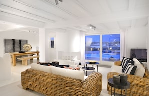 Villa, 5 Bedrooms, Private Pool | Living area | Flat-screen TV, fireplace, DVD player - Villa Blanca Uno (Mykonos)