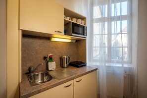 Fridge, microwave, stovetop, electric kettle