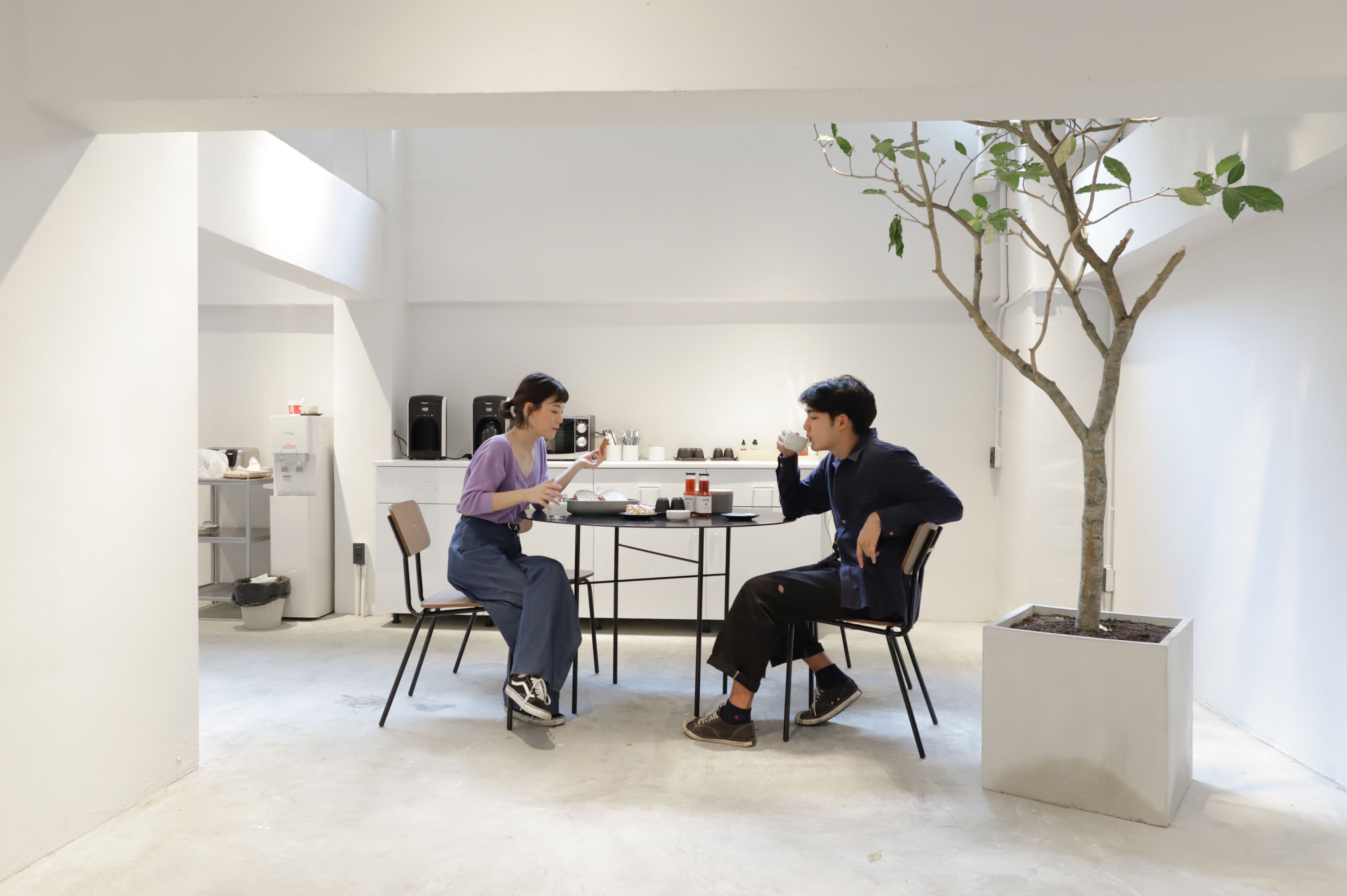 A modern, minimalist room with a dining table and chairs, a potted tree, and a kitchen area in the background.