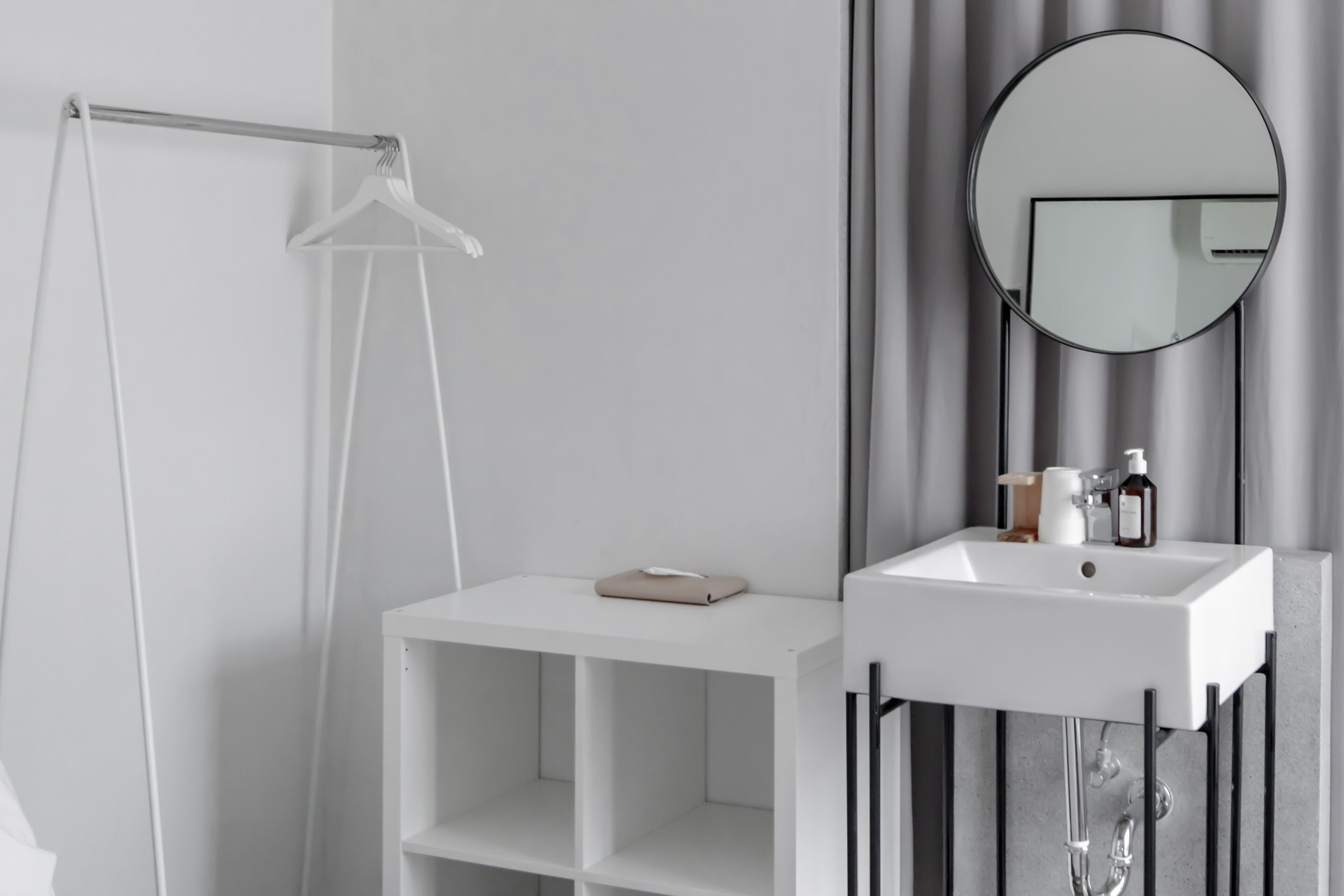 hypo-allergenic bedding, desk, laptop workspace, blackout curtains