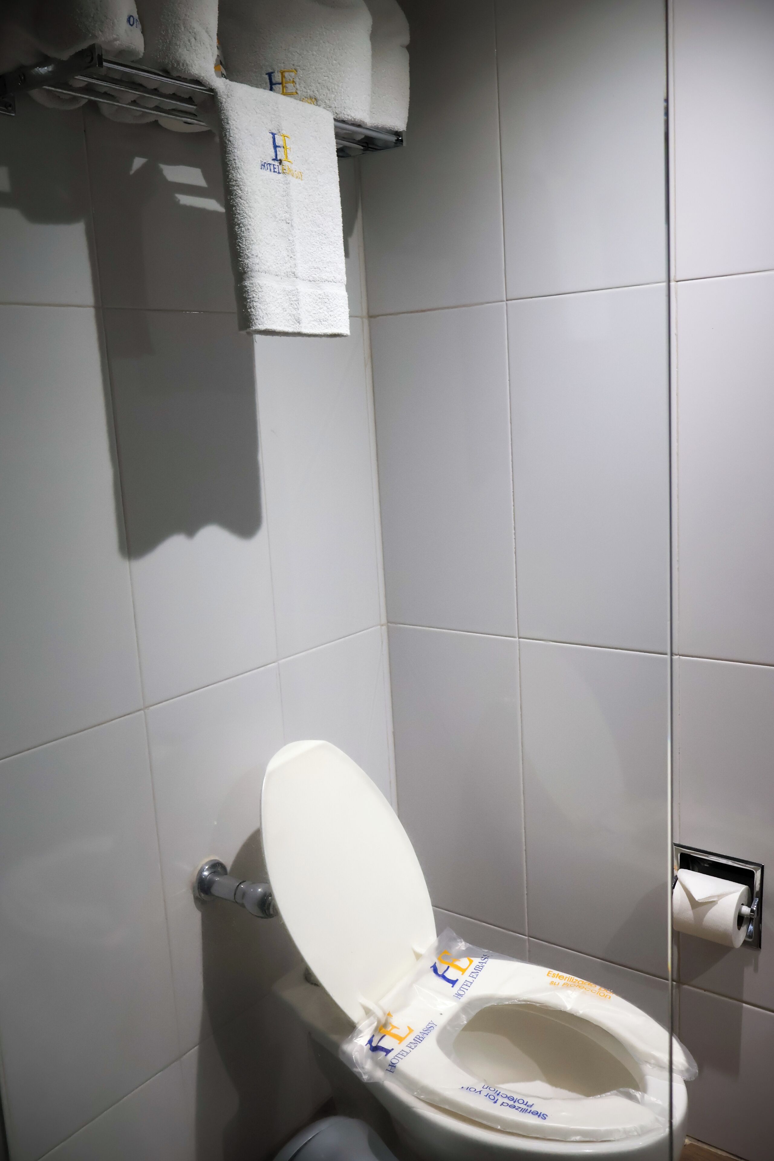 A bathroom with a toilet, a towel rack with a white towel, and a toilet paper holder.
