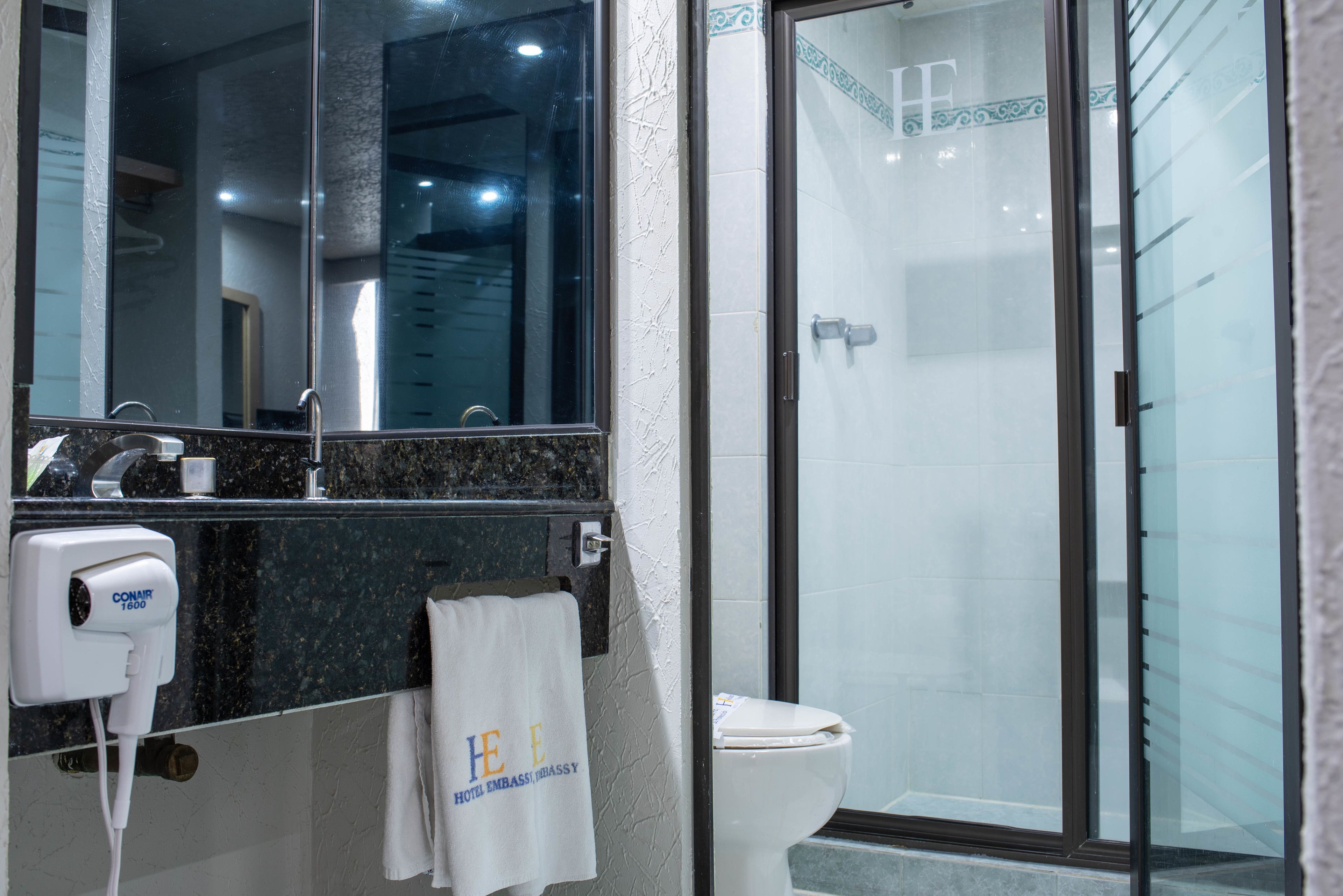 shower, free toiletries, hair dryer, towels