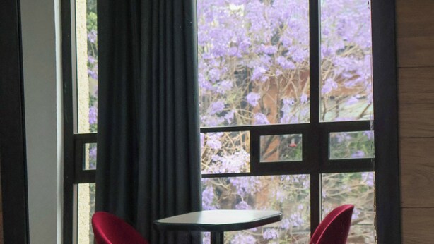 A hotel room with a bed, a table, two chairs, and a window with a view of purple flowers.