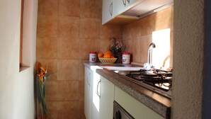 Cucina con piano cottura a gas, lavello e pensili. Sul piano di lavoro ci sono arance e una pianta decorativa.