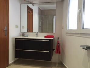 Chuveiro, secador de cabelo, toalhas de banho, sabonete