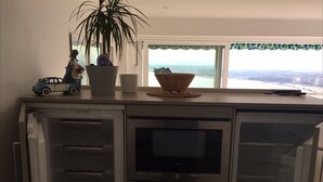 Une cuisine équipée d’un four à micro-ondes, d’un four et d’un réfrigérateur intégrés. Une fenêtre offre une vue sur la plage, et une plante décore le plan de travail.