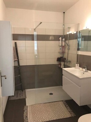 Shower, hair dryer, toilet paper