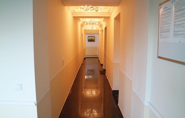 Un pasillo de hotel con piso pulido, un candelabro y un cuadro en la pared.